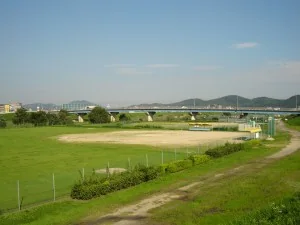 百間川緑地公園の河川敷と運動施設